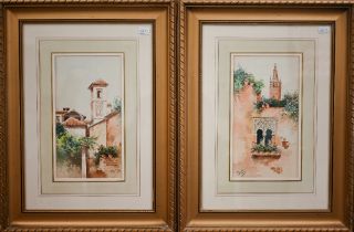 C Fandela - Two watercolour views of Seville, signed, 28 x 15 cm (2)