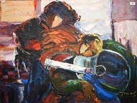 J Movier? - Large abstract of guitar placer, oil on canvas, indistinctly signed lower right, 75 x