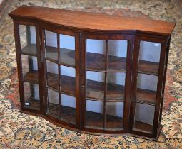 An old wall mounted bowfront glazed mahogany display cabinet, 84 cm x 23 cm x 60 cm h