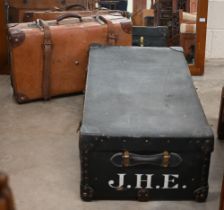 A vintage 'Pukka' Luggage trunk with American cloth cover, to/w a vintage Revelation suitcase with
