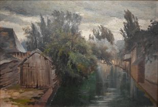 A Continental school oil on board landscape of a boat house beside a canal, 21.5 x 31 cm