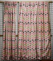 A pair of satin interlined curtains, embroidered with spiral coloured dots, 210 cm high x 106 cm