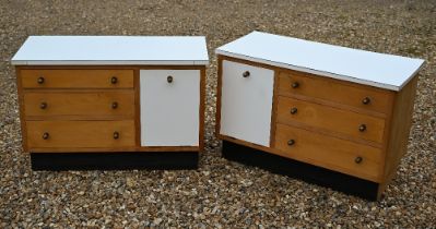 A handed pair of low 1950s bedside cabinets, melamine and beech, each 89 cm x 41 cm x 58 cm h (2)
