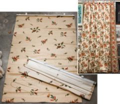 A pair of floral interlined curtains, 2to/w tiebacks and two similar Roman blinds
