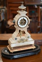 A 19th century French alabaster mantel clock of Forgot of Paris, 39 cm high, on plinth