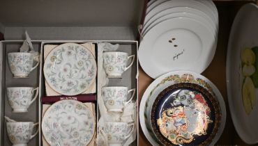 A boxed Minton china 'Vanessa' coffee set, to/w a Limoges 'Pommes' fruit set and six Rosenthal