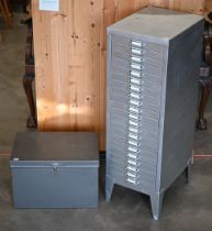A steel twenty-one drawer fiing cabinet, 32 x 42 x 99 cm high to/w rivetted steel strong box, 46 x