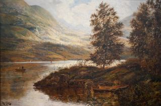 Theo Hines - An extensive lake and mountain landscape with boats, oil on canvas, signed lower