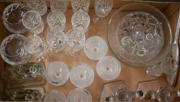 A set of ten pressed glass champagne flutes to/w other glassware including pair of rearing horses,