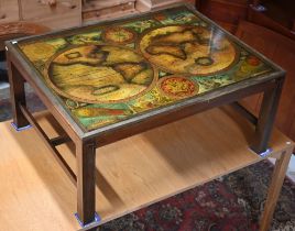 A large antique style brass inlaid and mounted hardwood map coffee table, the world atlas top