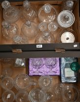 Two boxes of good quality cut and other glassware including decanters, brandy balloons, comports etc