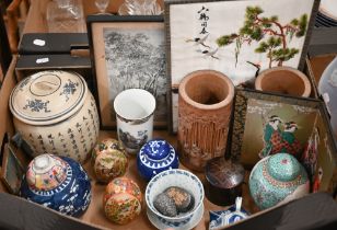 A quantity of Asian decorative ceramics, two carved bamboo bitongs etc (box)