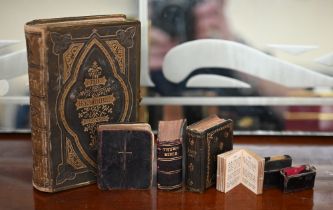 A Victorian pocket Bible with brass-mounted embossed leather cover, 1867 to/w a Victorian 'Thumb