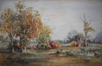 A Victorian pastoral view, watercolour, 17.5 x 27.5 cm to/w Nelson Payne oil on board abstract (2)