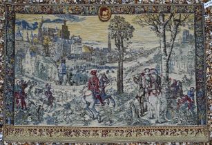 Belgian loomed machine panel tapestry wall hanging depicting a medieval hunting scene, 75 x 110cm