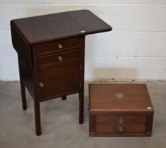 A drop leaf two drawer over cupboard night stand to/with a walker & Hall empty canteen case, no