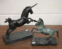 A verdigris-patinated rearing horse, 21 cm, on marble base to/w a brown-patinated bronze unicorn, 29