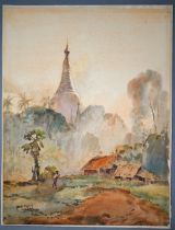 U Ba Thet (1903-1972) -  A temple scene, watercolour, signed lower left, 34.5 x 26 cm, unframed,