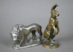 A vintage bronze standing hare car mascot 11 cm to/w a chromed lion (2)