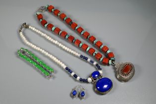 Two modern necklaces including turquoise and red hardstone, lapis lazuli and freshwater pearl with