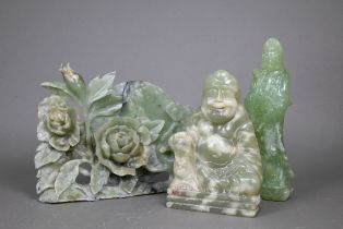 A 20th century Chinese moon and peony ornamental carving, 20 cm high to/w two 'new jade' bowenite