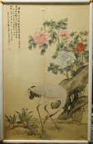 A large early 20th century Chinese landscape with a red-crowned crane beside a rock formation and