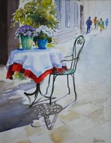 David Weston (b 1942) - 'A table in Venice', watercolour, signed lower right, label to verso title