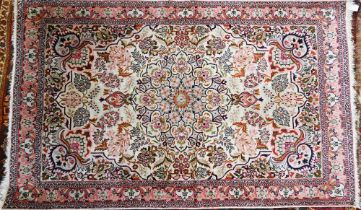 A vintage Kasmiri silk garden design rug, 151 cm x 92 cm, loss to one corner