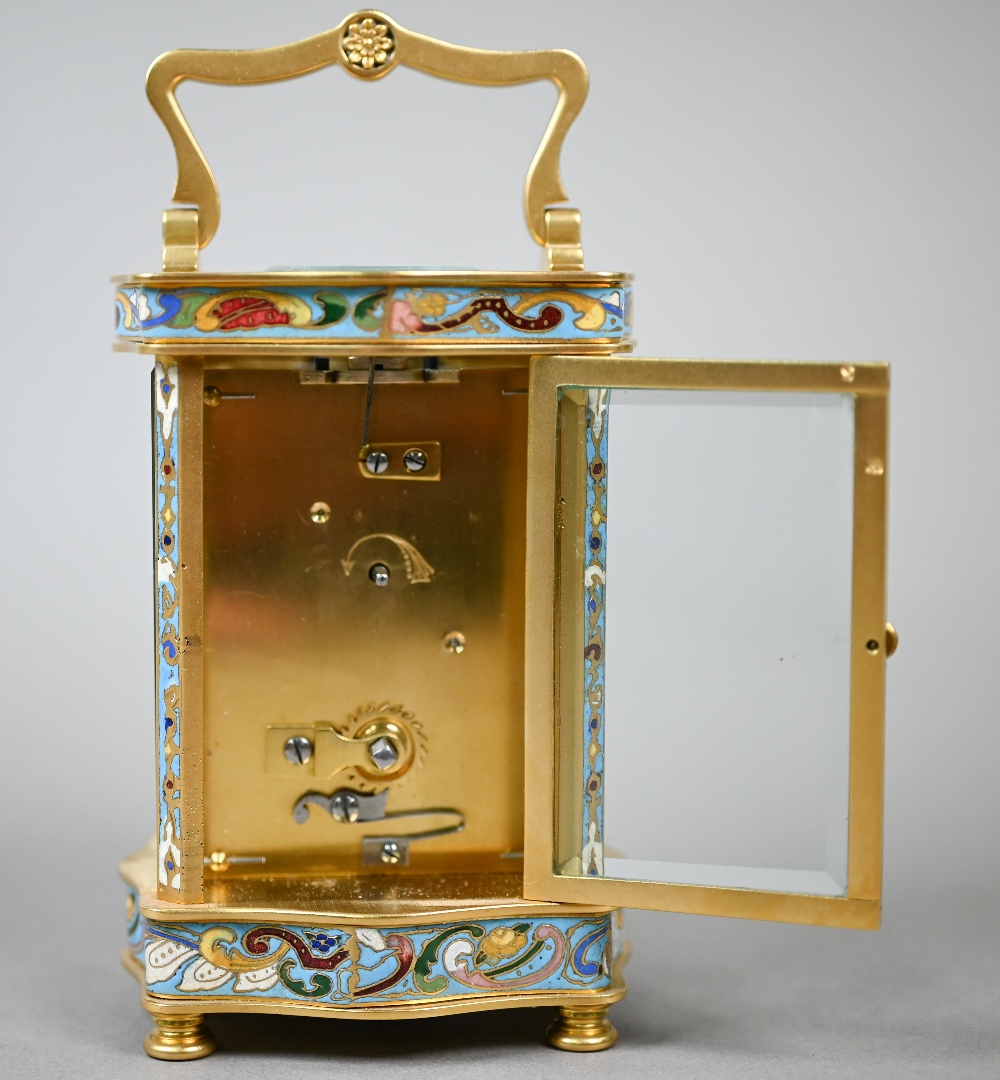 A French cloisonné panelled gilt carriage clock with single drum movement, 13.5 cm high - Image 6 of 7