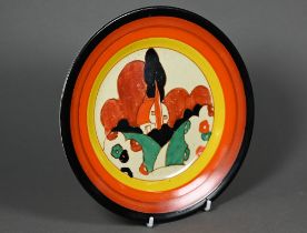 A Clarice Cliff Bizarre tea plate, painted with 'Farmhouse' pattern, 19 cm, impressed '34' on