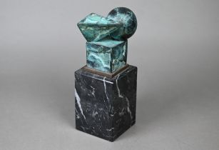 A green-patinated bronze abstract sculpture of geometric shapes (cube, sphere and pyramid), 9.5 cm