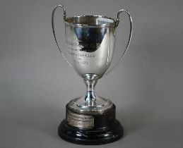 A silver two-handled trophy cup on stemmed foot, James Dixon & Son Ltd, Sheffield 1923, 17.2oz, 24cm