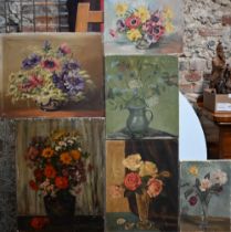 Six various unframed floral still life studies, circa 1930s-1950s, some indistinctly signed (6)