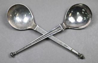 Two 17th Century unascribed white metal spoons, one with lobed baluster finial on pricked and