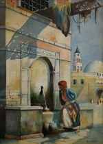 Dudley Leighton - Lady filling a water vessel from a Moorish fountain, watercolour, signed and dated