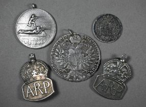 Two World War II silver ARP badges, London 1938, to/w an ROAC silver shooting medal, London 1911, an