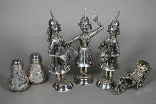 Three Tibetan (probably) low grade white metal figures of temple dancers/musicians, stamped '80',