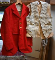 A vintage gentleman's scarlet hunting jacket to/with two differing check waistcoats (3)