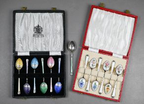 A cased set of six silver gilt and enamel coffee spoons, Adie Bros Ltd, Birmingham 1960, to/w