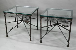 A companion pair of bronze tree of life design side tables by Tyson