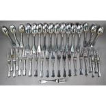 A matched set of early Victorian silver fiddle pattern flatware, comprising ten tablespoons, nine