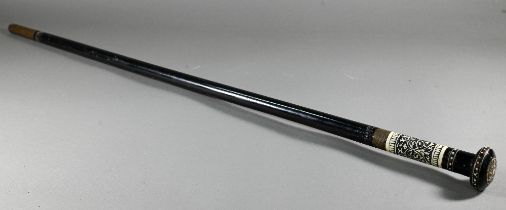 An antique Anglo-Indian ebony and carved bone swordstick with 67 cm blade, 94 cm overall