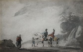 Peter La Cave (c 1769-1816) - Riders asking the way, watercolour, signed lower left, 11 x 17.5 cm