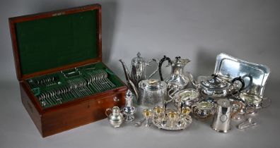 A rosewood canteen with three fitted trays containing a set of epns rat-tail flatware and bone-