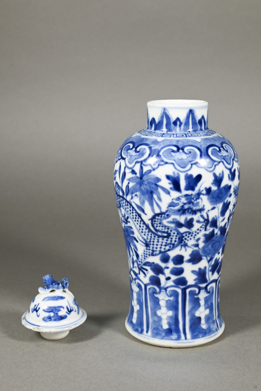 A 19th century Chinese blue and white baluster vase painted with two dragons, Kangxi four- - Image 7 of 10