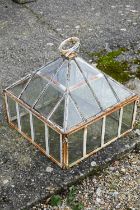 An antique glazed cast iron garden cloche with pyramid top, 52 cm x 50 cm x 43 cm h