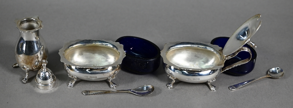 A cased silver three-piece condiment c/w spoons, Birmingham 1962, a pair of sugar tongs and a pair - Image 6 of 7