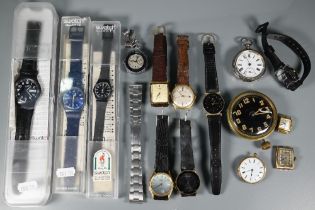 Three vintage Swatch watches, boxed and a/f to/w an Ingersoll 8-day car clock; a Smiths Astral