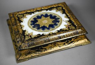 A Jennens & Bettridge Patent Inlaid gems papier maché trinket box with decorated glass lid,