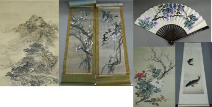 Five 20th century Chinese and Japanese scroll paintings including a painting of two Koi carp 128